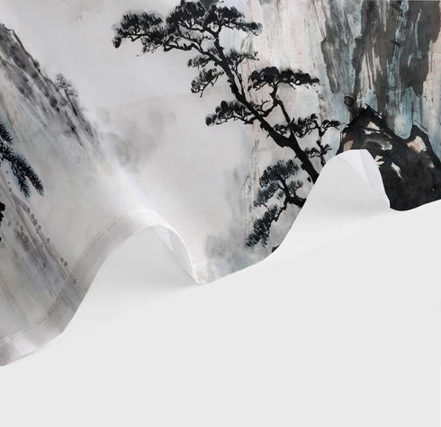 Japanese Shower Curtain, Asian Landscape Painting Oriental Ink Watercolor Mountain Tree Abstract Bath Curtains, Black Print Fabric Bathroom Access...