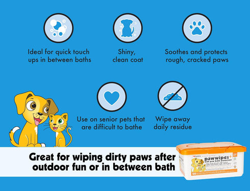 Paw Wipes Plus, 100 Orange Scented Wipes - Absorbent Pet Paw Wipes Remove Daily Dirt & Odors - Enriched with Paw Balm Protectant - Easy to Use Pet...