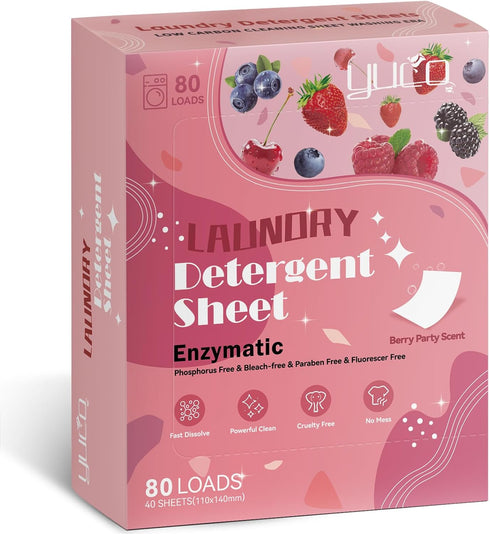 YUCO Laundry Detergent Sheets Berry Scent 80 Loads (40 Sheets) Eco-Friendly Laundry Soap Washer Sheets- Liquidless Laundry Detergent Sheets for Tr...