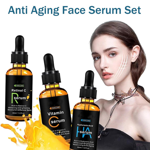 Anti Aging Skin Care Sets for Women, Vitamin C Facial Serums for Glowing Skin, 3Pcs Skincare Gift Set, Hydrating Hyaluronic Acid Serum, Retinol Se...