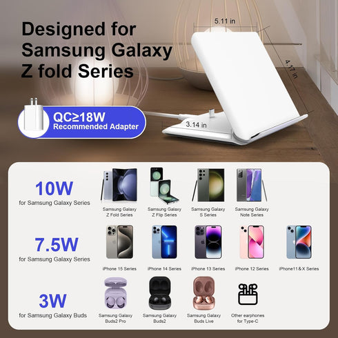Wireless Charger for Samsung, 2 in 1 Wireless Charging Station Compatible with Samsung Galaxy Z Fold 6/5/4/3, Charger for Galaxy S24/S23/S22/Galax...