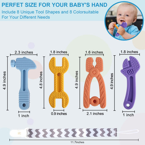 4 Pack Chew Baby Teething Toys for 0-12 Months, Freezable BPA Free Silicone Baby Molar Teether Chew Toys, Hammer Wrench Spanner Pliers Shape Baby ...