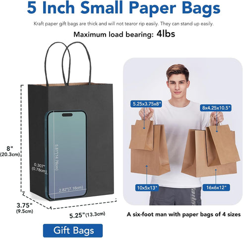 GSSUSA Kraft Paper Gift Bags 5.25x3.75x8'' 20 Pcs, Black Paper Bags with Handles, Bulk Kraft Gift Bag for Shopping, Craft, Grocery, Party, Retail,...