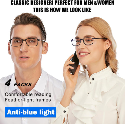 AQWANO 4-Pack Reading Glasses Mens Women 2.0 Computer Blue Light Blocking, Lightweight TR90 Flexible Frame Anti Glare Eye Strain Readers Eyeglasse...