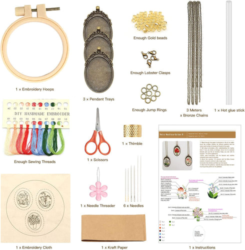 ZOCONE 3 Packs Embroidery Necklace Kit, Embroidery Pendant Kit Mini Cross Stitch Kit with Hoop, Necklace, Pendant, Beads, Stamped Pattern Cloth, I...