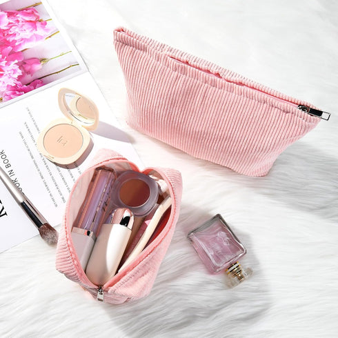 2 Pieces Corduroy Pink Makeup Bag Large Corduroy Cosmetic Bag Capacity Canvas Travel Toiletry Bag Organizer Cute Makeup Brushes Aesthetic Accessor...