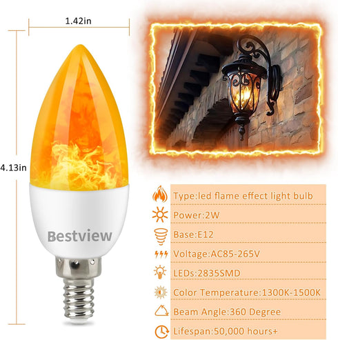 Bestview Flickering Light Bulbs,3 Modes Led Flame Effect Light Bulb, Smart E12 Chandelier Base Candle Fire Light Bulb for Halloween, Christmas,Par...