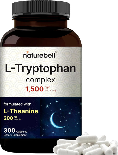 NatureBell L Tryptophan 1300mg with L Theanine 200mg, 300 Capsules | Active Free Form, Plant Based Supplement – Calm Formula, Supports Relaxation ...