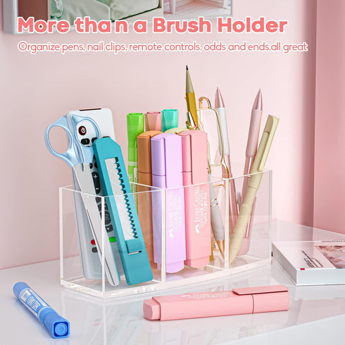 Clear Makeup Brush Organizer, Acrylic Cosmetic Brushes Storage with 3 Slots,Perfect Pen Holder for Desk...