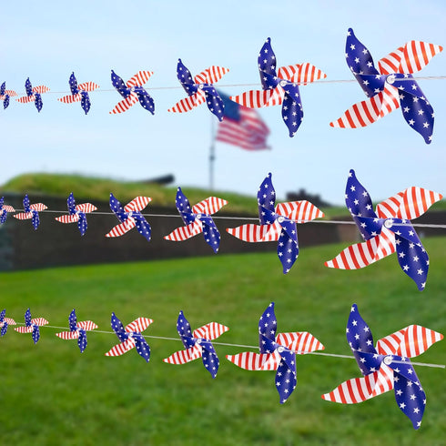 4th of July Patriotic Decorations, 40 Pcs Pinwheels with 2x33-Ft Ropes Memorial Day Fourth of July Independence Red Blue and White Star Stripe Str...