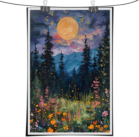 Generic Moon above the wildflowers and woodland art print poster full moon above nature oil painting Dark Forest Landscape Pictures for Farmhouse ...