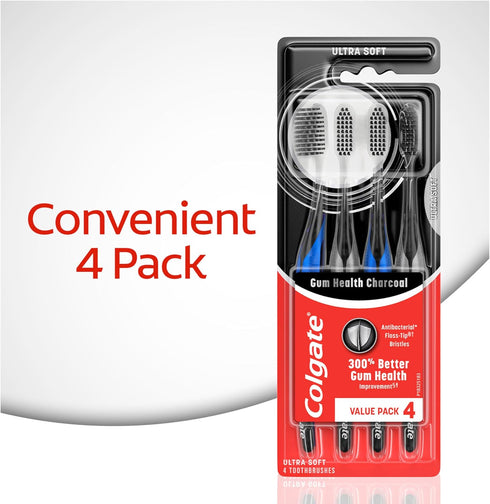 Colgate Gum Health Charcoal Adult Manual Toothbrush, Ultra Soft, 4 Pack...