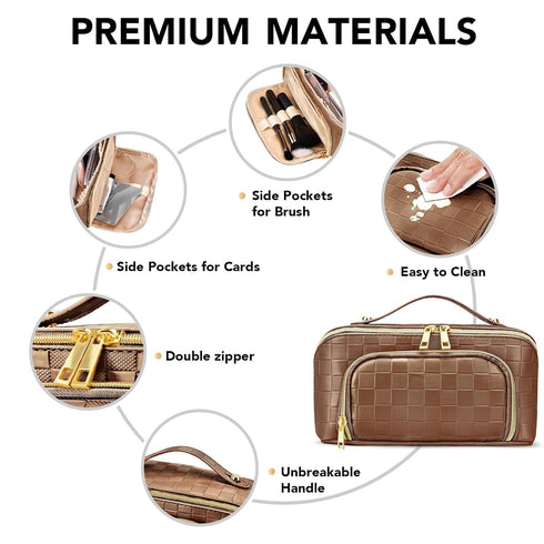 stona Travel Makeup Bag for Women, Large Capacity PU Leather Waterproof Checkered Cosmetic Bags, Portable Pouch Open Flat Toiletry Bag, Make up Or...