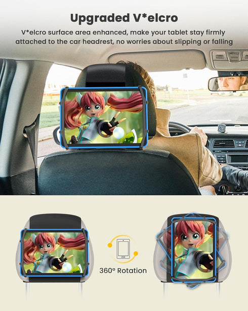 WONNIE Car Tablet Holder, Upgraded iPad Holder for Car Back Seat Headrest Mount Holder for Kids with Anti-Slip Strap,Silicone Holding Net/Fits All...