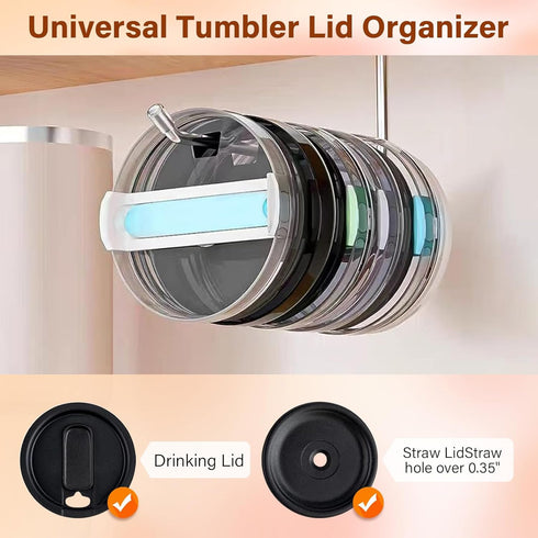 Tumbler Lid Organizer,2 PackTumbler Lid Storage Hook for Yeti/Stanley/Modern Lid Self-Adhesive or Drilling Tumbler Lid Hook Cup Lid Organizers Ins...