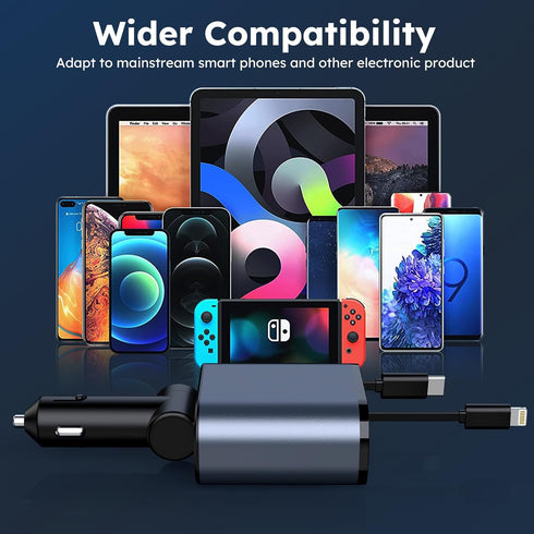 Retractable Car Charger 120W - 4 in 1 Fast Charing Car Phone Charger Adapter, USB C Car Charger with 2 Retractable Cables & 2 USB Ports for iPhone...