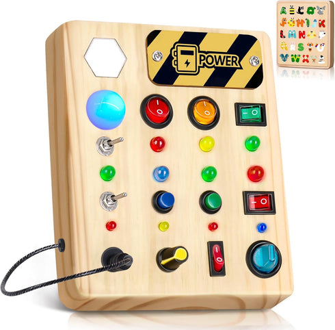 HONGDDY LED Busy Board, Wooden Sensory Toys for Toddler, Montessori Music Toy for Airplane, Travel Activity Educational Learning Toy, Busy Light S...