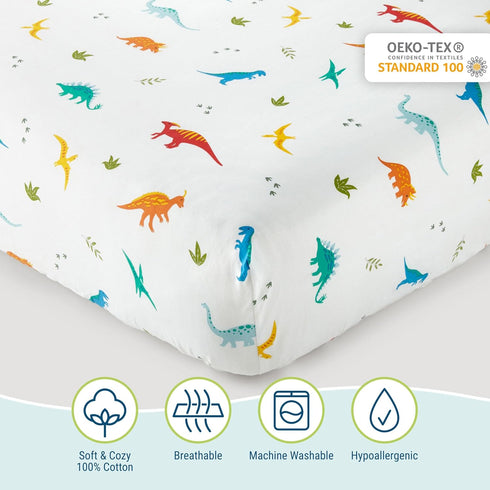 Wildkin 100% Cotton Fitted Crib Sheet – Soft & Breathable Fitted Sheet - Jurassic Dinosaurs...