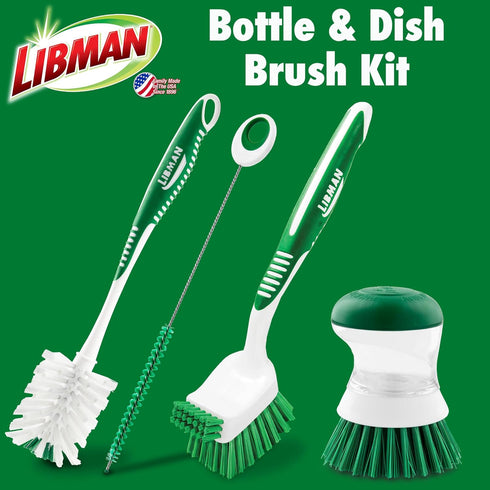 Libman Bottle & Dish Brush Kit | Cleaning Brushes for Kitchen Use | Straw Brush | Scrub Brushes for Dishes | Big Job Kitchen Brush | Palm Scrub Br...