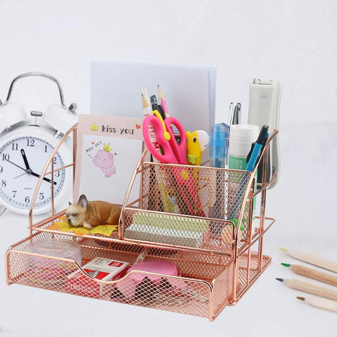 Ogrmar Rose Gold Desk Supplies Organizer, Multi-functional Mesh Desk Organizer with 6 Compartments & Desk Drawer Organizer for Office Supplies and...