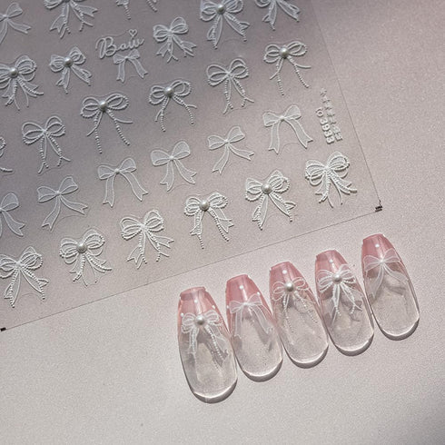 5D Embossed White Lace Bowknot Nail Art Stickers Pearl Bow Nail Stickers for Nail Art Supplies Retro Relief Bow Nail Decals Self-sdhsive Bow Stick...