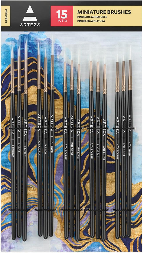 ARTEZA Detail Paint Brushes, Set of 15, Fine Detail Brush Set for Miniature Models and Canvases...