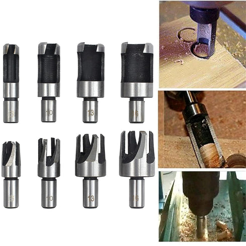 8-Pack Wood Plug Cutter Drill Carbon Steel Bit Set, Straight and Tapered Taper Cutting Tool, Woodworking Chamfer Drill Bits 5/8In, 1/2In, 3/8In, 1...