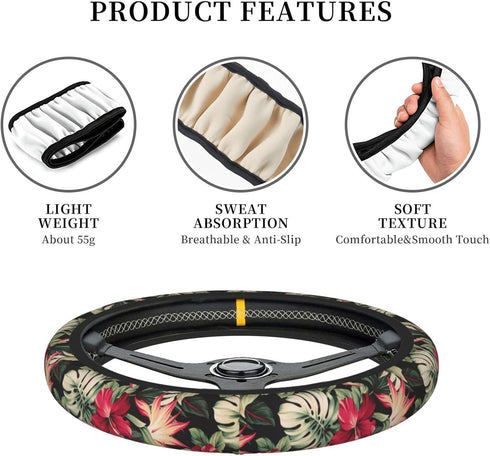 Red Hawaiian Flowers Car Steering Wheel Cover, Universal 15 Inch Soft Elastic and Comfortable Floral Steering Wheel Protector Warm in Winter and C...