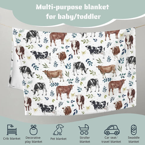 Milk Dairy Cow Farm Animal Leaves Baby Boy Girl Blanket, Neutral Western Flannel Fleece Nursery Bed Swaddle Receiving Blankets, Soft Lightweight T...