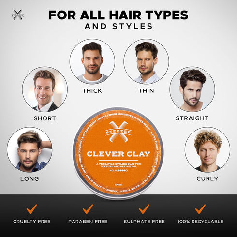 Clever Clay - Natural Finish Styling Hair Clay for Men - All Hair Types - Reworkable All Day Hold- Cruelty Free- Paraben & Sulphate Free, 3.4 oz...