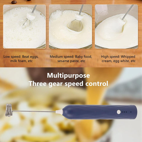 Handheld Milk Frother, Coffee Foam Maker USB Rechargeable Hand Drink Mixer 3 Speeds Electric Whisk Adjustable Hand Held Blender with 2 Heads for C...