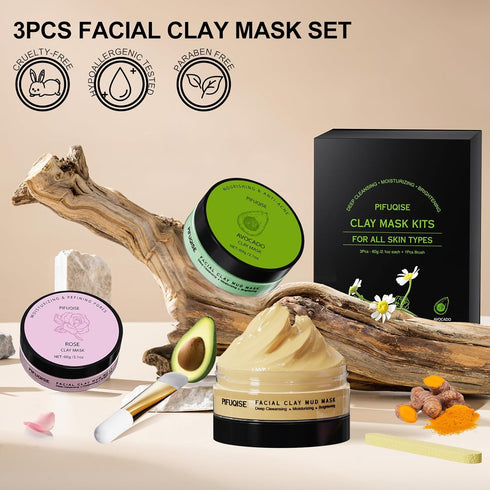 3 Pcs Clay Facial Mask Set - Turmeric Vitamin C Clay Mask - Rose Face Mask, Avocado Mud Mask, Facial Skin Care Mask for Deep Cleansing, Oil Contro...