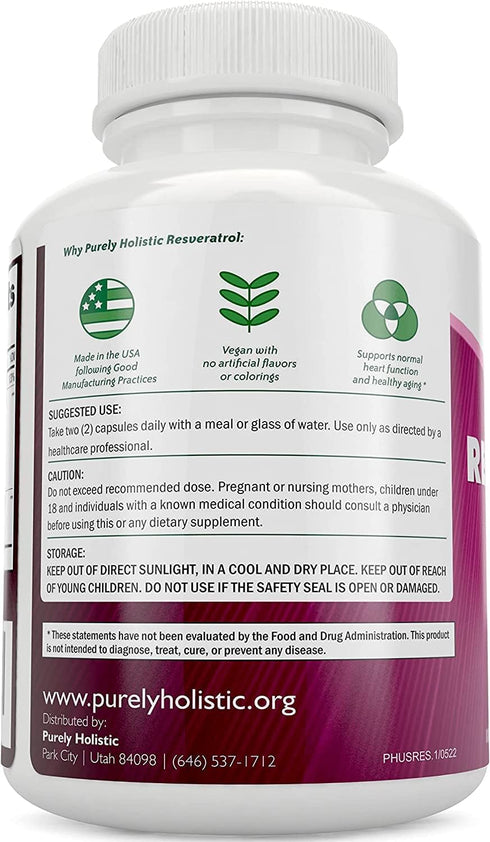 Purely Holistic Resveratrol 1450mg, 90 Servings, Trans-Resveratrol Antioxidant Supplement with Vitamin C and Polyphenol Complex, 180 Vegan Capsule...