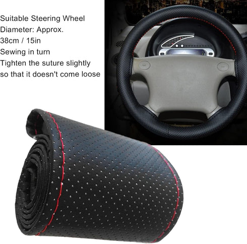 Leather Steering Wheel Cover, 15 inch Car Steering Wheel Stitch On Wrap with DIY Sewing Needles Thread, M Size (Black), HEADERBS56S7PERQZW-11...