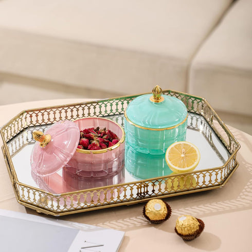 7 oz Pink Glass Jewelry Jar Cube Facets Candy Storage Sugar Bowl with Lid Kitchen Bath Gift Bathroom Buffet Storage Organizer...