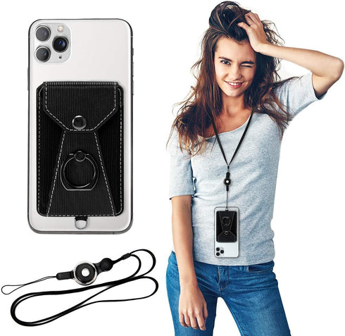Cell Phone Card Holder,Card Holder for Back of Cell Phone with Ring Grip Stand,Adhesive Stick-on Credit Card Wallet Pocket with Detachable Neck St...