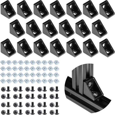 20Sets Black 2020 Series Aluminum Extrusion Profile Connector Set,20Pcs Corner Brackets,with 40Pcs T-Nuts and M5×8 Hex Screw Bolt for 6mm 20S T Sl...