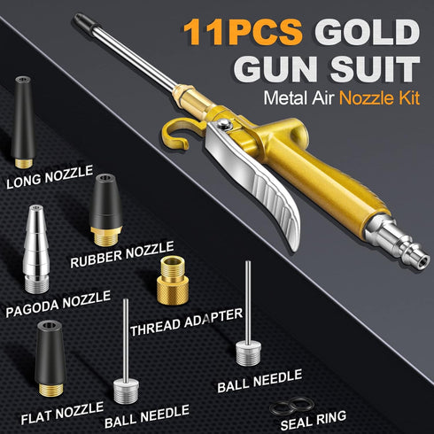 11 Pcs Industrial Air Blow Gun Set with 4.8'' Air Flow Extension, Gold Paint Metal Air Nozzle Kit with 1/4 Inches Standard Quick Fitting, Professi...