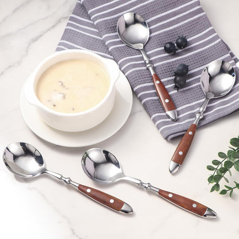 Soup Spoons?4Pcs Soup Spoons Set?Stainless Steel 18/8 Spoons with Comfortable Bakelite Handle?Heavy-Weight Metal Round Spoons?Wood Grain Handle...