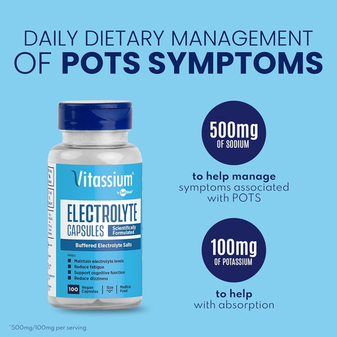 Vitassium Electrolyte Capsules, Electrolytes for Dietary Management of POTS Syndrome Symptoms (500mg Sodium - 100mg Potassium), Unflavored, 100 Bu...