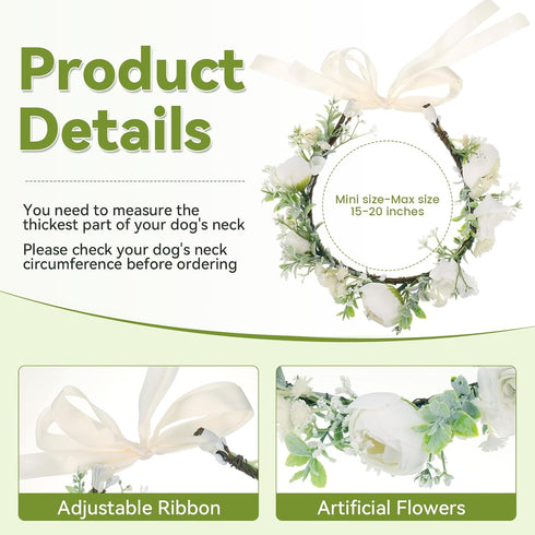 Dog Wedding Flower Collar with Pearls Beaded Leash,Elegant Dog Flower Headband,Dog Wedding Attire Wreath Bow,Pet Photo Prop (Large)...