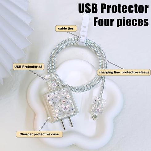 Cute Cable Protector for iPhone Apple Charger,Pretty Little Flowers Butterfly Design,Data Cable USB Case Cord Saver Phone Charger Protector for iP...