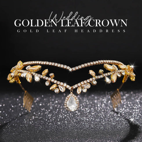 CLOACE Rhinestone Headband Gold Leave Pendant Headpiece Bride Wedding Crystal Hair Accessories for Women and Adult...