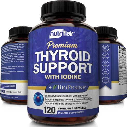 NutriFlair Thyroid Support Complex, 120 Capsules - with Iodine, Black Pepper, Ashwagandha, Vitamin B12 - Thyroid Supplement for Women and Men...