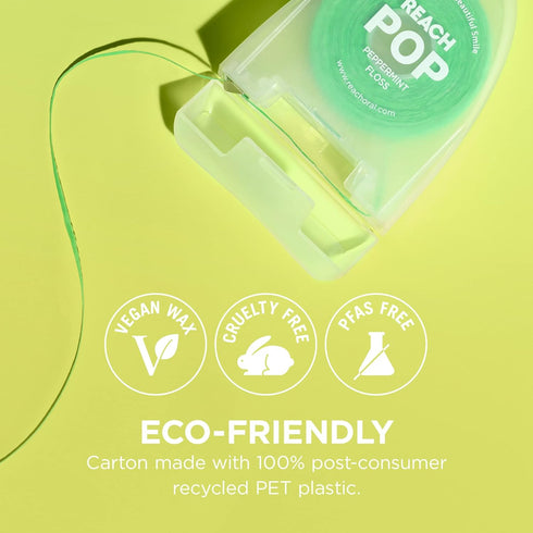 REACH POP Dental Floss, Peppermint, Vegan Wax, Plaque Remover, PFAS-Free, Shred Resistant, Cruelty Free, Eco Friendly PCR Packaging Floss Holder, ...