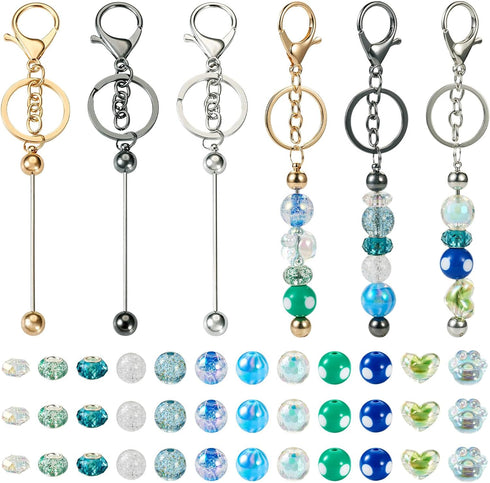 Beadthoven Beadable Keychain Bars with Beads, DIY Bead Keychain Making Kit 3pcs Metal Keychain Bars Blanks 36pcs Bubblegum Beads Colorful Acrylic ...