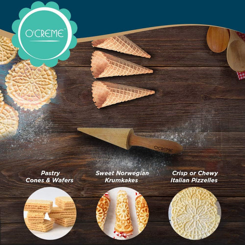 O'Creme Pizzelle Roller/Krumkake Cone/Ice Cream Cone Mold, 9.25 Inches Strong and Smooth - Beechwood...