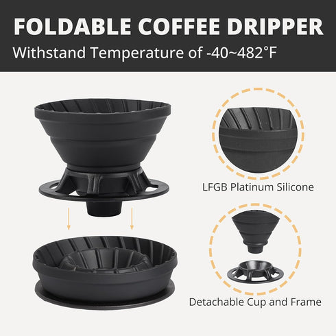 Portable Pour Over Coffee Maker Set, Collapsible Silicone Coffee Dripper Set, Perfect for Travel, Camping, Home...