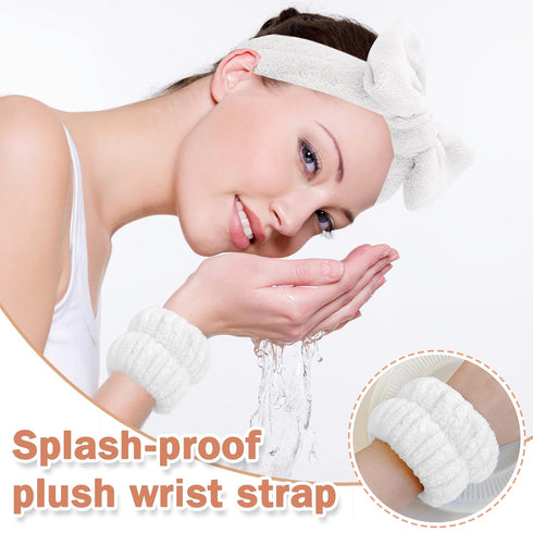 Spa Headband and Wristband Set 3PCS Skincare Headbands Wrist Bands Face White Wash Headband Soft Makeup Elastic Facial Makeup Headbands Cute Bow H...