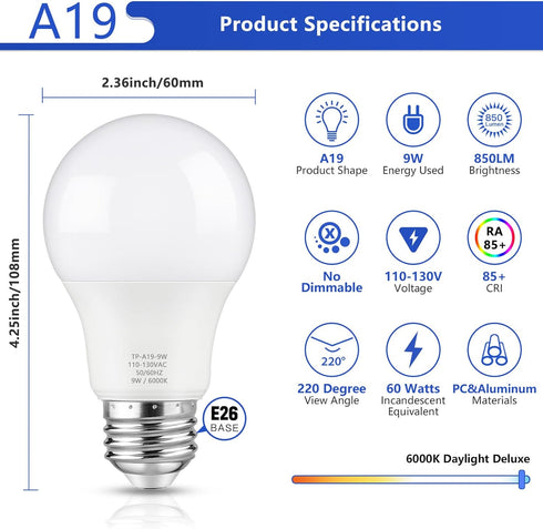 A19 LED Light Bulbs, 60 Watt Equivalent LED Bulbs, 6000K Cool White, 850LM, Non-Dimmable, E26 Base, 9W Bright White LED Bulbs, 4-Pack...